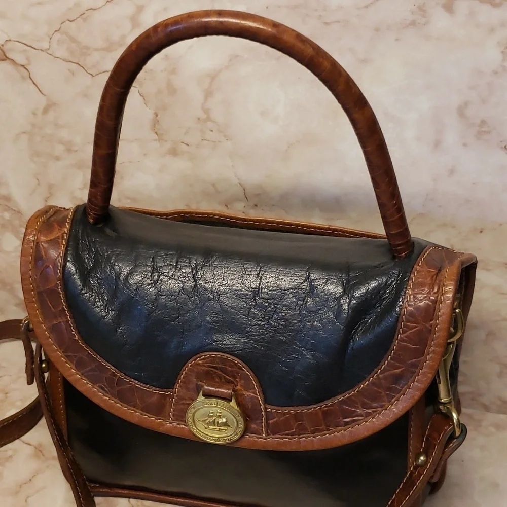 Brahmin vintage satchel crossbody black leather brown embosed croc trim …